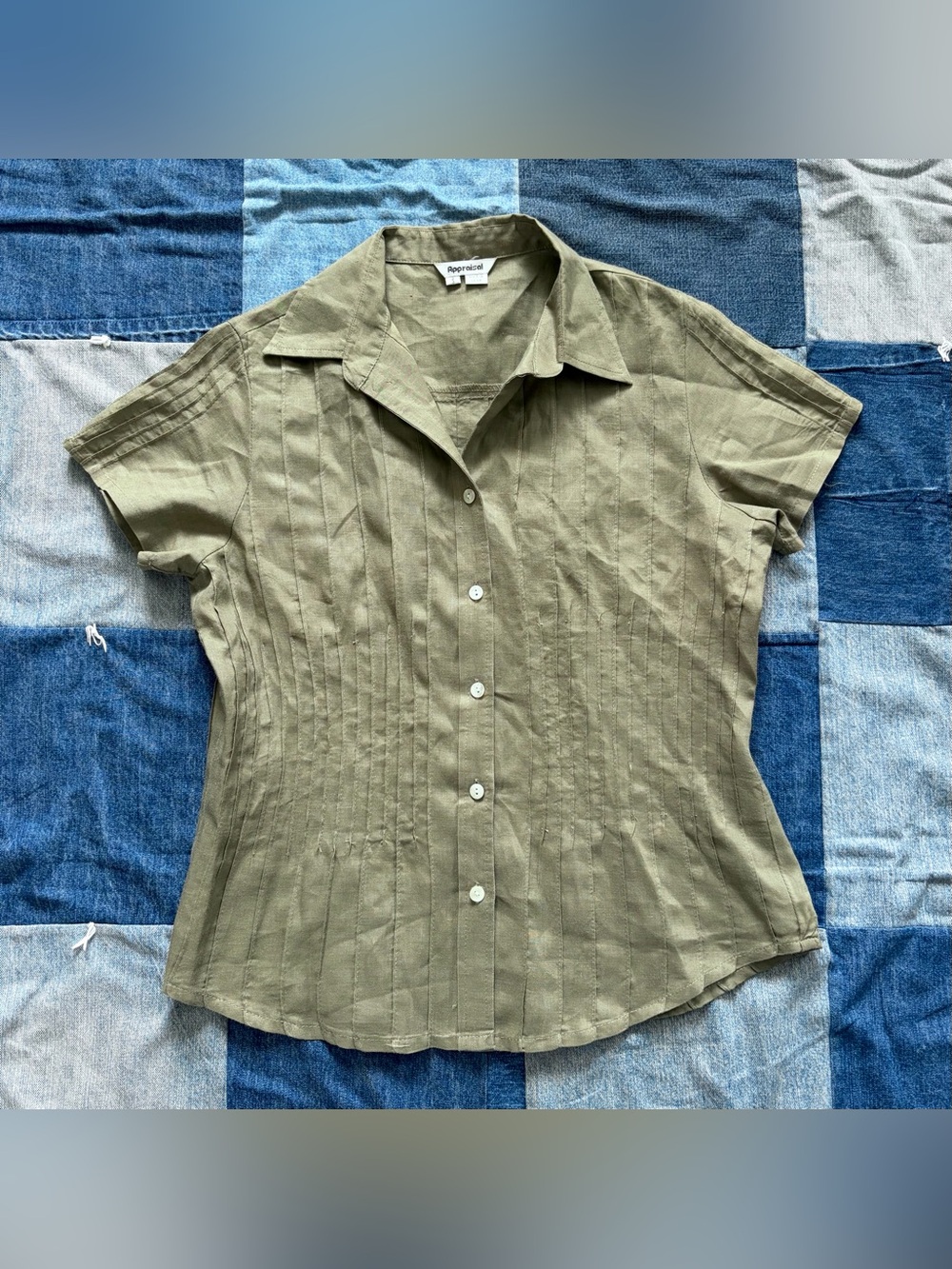 vintage appraisal button up green blouse all over pleating pin tuck size S